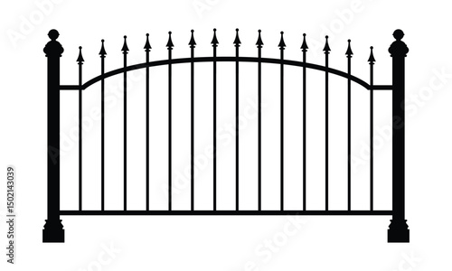 Symmetrical arched wrought-iron gate silhouette with vertical grid bars and decorative finials. Bold black geometric design on white background, viewed head-on from a low angle.