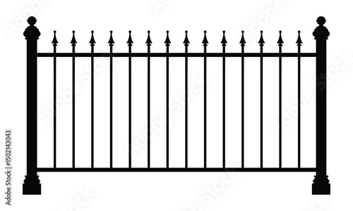 Black-and-white silhouette of a metal fence with spear-tipped finials on vertical bars, front view. Classic gothic design, emphasizing symmetry and security for dramatic or ornamental themes.