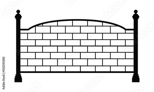 Black and white line art illustration of an arched brick wall with decorative posts. Minimalist, geometric design with precise brick pattern, frontal view, and architectural detail.