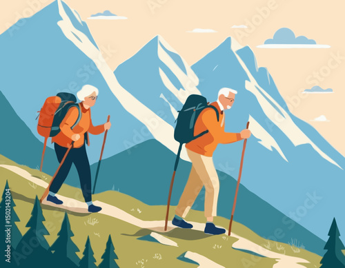 Seniors on hiking. Mature man and woman with backpacks and sticks climb the mountain. Happy elderly couple is engaged in active recreation