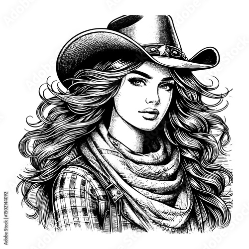 cowgirl sketch engraving black and white outline. Scratch board imitation.