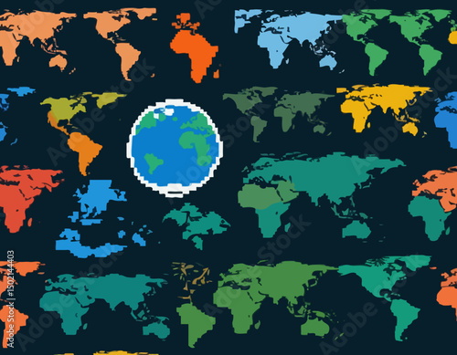 Pixel Earth. Globe world map in color and silhouette pixel art 8 bit style, oceans and continents. Earth planet for retro game and eco concept. Vector isolated icons