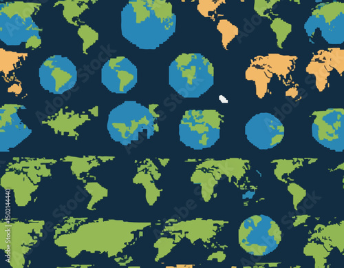 Pixel Earth. Globe world map in color and silhouette pixel art 8 bit style, oceans and continents. Earth planet for retro game and eco concept. Vector isolated icons