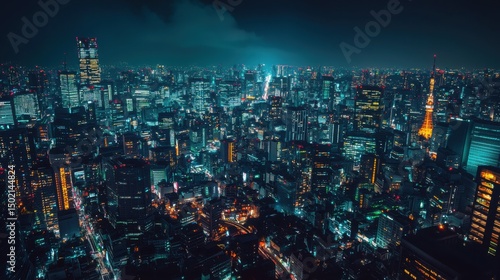 Stunning Night View of a Vibrant City Skyline Illuminated by Lights