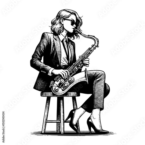 Woman in suit playing saxophone sketch engraving black and white outline. Scratch board imitation.  illustrated in vintage line art style on a white background.
