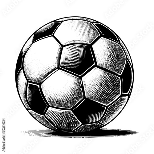 Soccer ball engraving black and white outline. Scratch board imitation.  illustrated in vintage line art style on a white background.