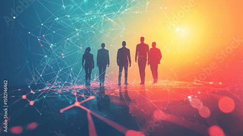 Silhouettes of Business People Against a Colorful Digital Background