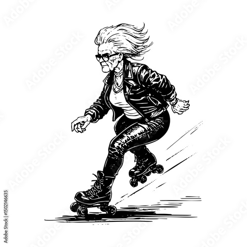 Grandmother playing roller skate sketch engraving black and white outline. Scratch board imitation.