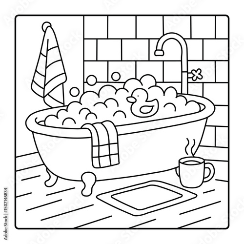 Cute Bathtub Scene with Bubbles and Rubber Duck - Line Art Illustration