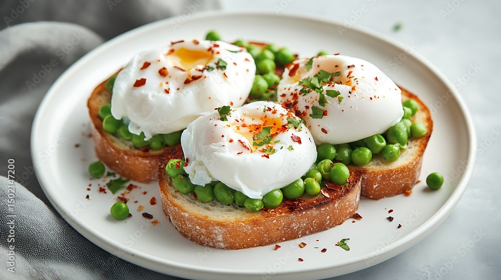 Poached Eggs on Toast with Peas and Red Pepper Flakes Poached Eggs on Toast with Peas and Red Pepper Flakes
