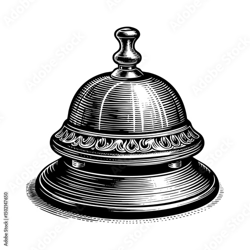 Reception desk call bell sketch engraving black and white outline. Scratch board imitation.