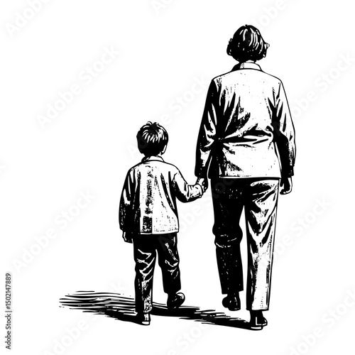 Mother holding son hand sketch  engraving black and white outline. Scratch board imitation.  illustrated in vintage line art style on a white background.