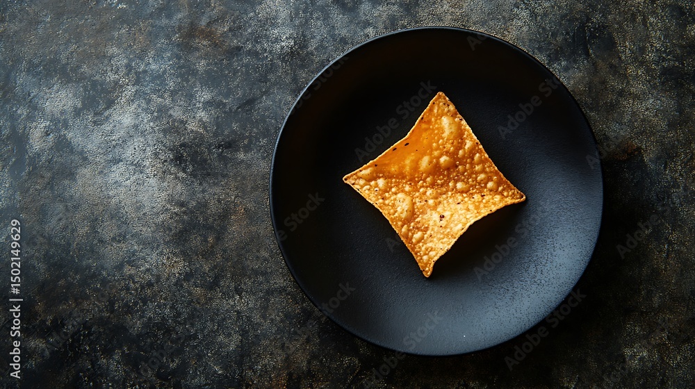 Fototapeta premium A single samosa on a black plate against a dark textured background