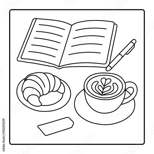 Cozy Tea Time with Plants and Lanterns - Black and White Line Art