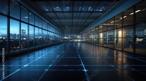 Empty modern office hallway at night with city view and glowing floor