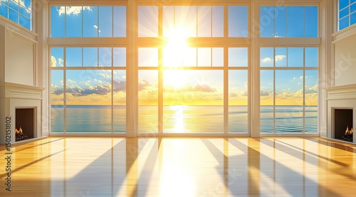 Spacious room with ocean view at sunset