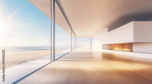 Modern beachfront living room  sunlit