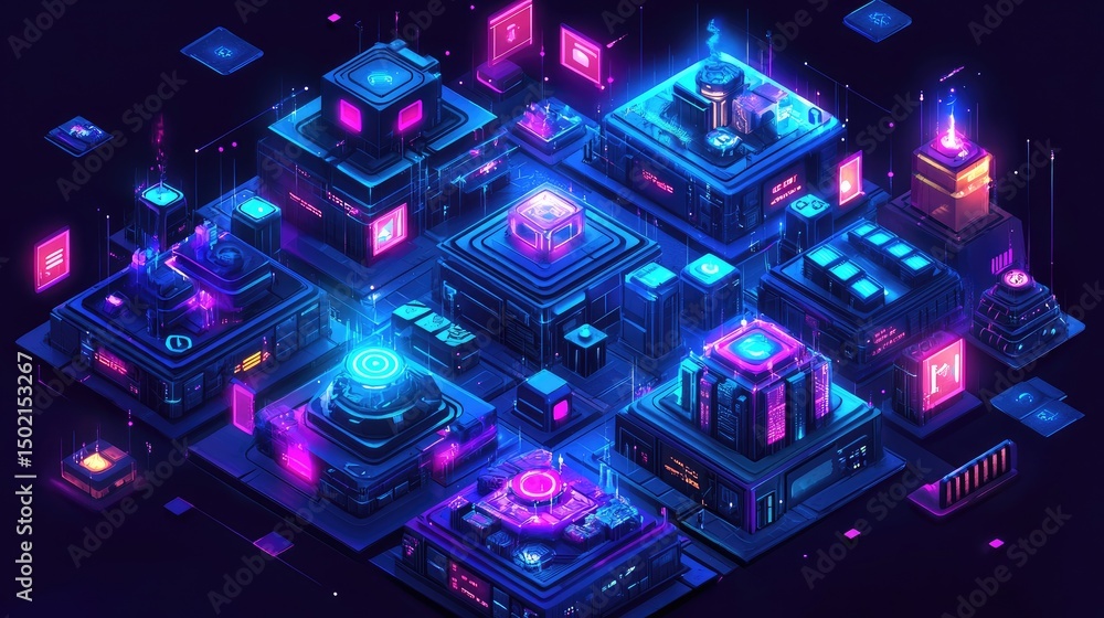Fototapeta premium an intricate digital art piece that captures a futuristic cityscape at night. it is dominated by neon lights in various shades of purple, pink, and blue, giving the scene a vibrant and energetic feel