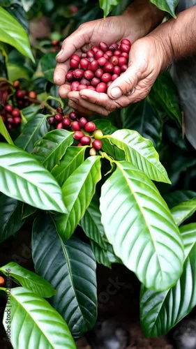 Hands Holding Freshly Picked Red Coffee Cherries from the Plant. Rich harvest of red raw coffee berries in farmer's hands.