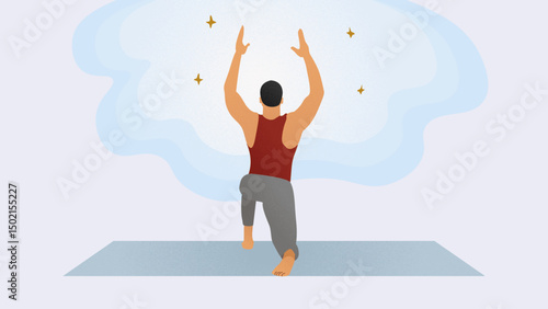 Young man pose asana yoga or vrksasana pose vector illustration. Young woman doing exercise in living room. Flat design with grain grainy texture, copy space, pastel color. Illustration young woman do