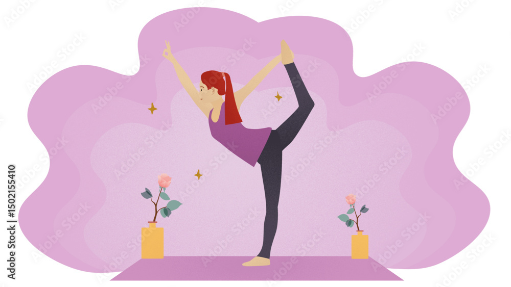 Young woman pose asana yoga or vrksasana pose vector illustration. Young woman doing exercise in living room. Flat design with grain grainy texture, copy space, pastel color. Illustration young woman Young woman pose asana yoga or vrksasana pose vector illustration. Young woman doing exercise in living room. Flat design with grain grainy texture, copy space, pastel color. Illustration young woman