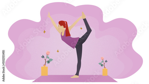 Young woman pose asana yoga or vrksasana pose vector illustration. Young woman doing exercise in living room. Flat design with grain grainy texture, copy space, pastel color. Illustration young woman 