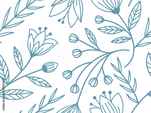 Seamless hand-drawn floral pattern with leaves and buds in soft teal line art. Ideal for elegant nature-inspired designs, fabric prints, and stationery. Clean botanical illustration style.