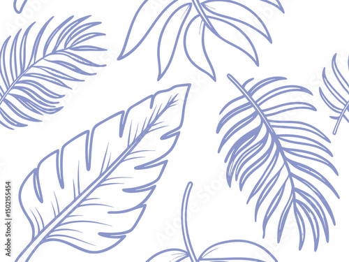 Seamless pattern of tropical leaves in elegant blue line art. Perfect for summer-themed designs, fabric prints, and nature-inspired wallpapers. Stylish and organic botanical illustration.