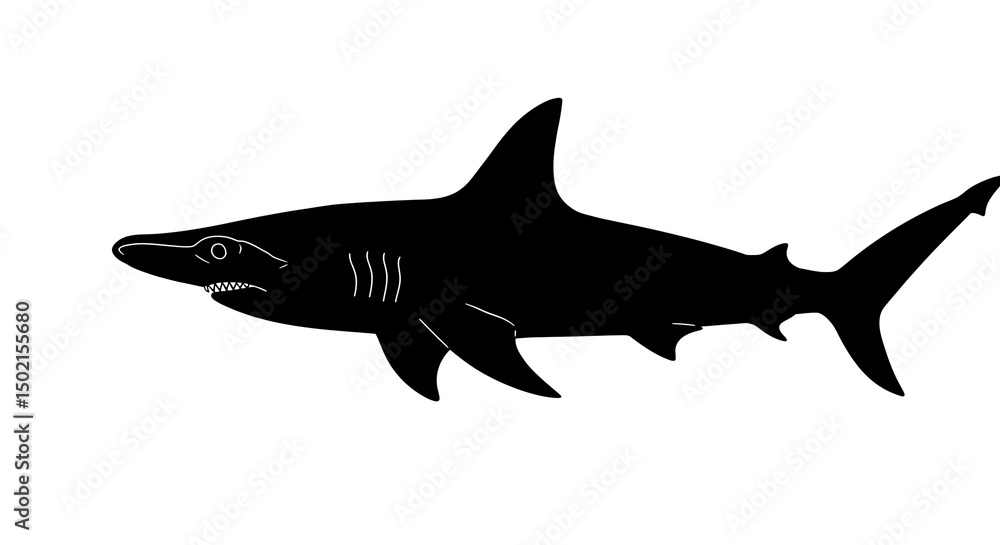 Fototapeta premium Shark Silhouette in Black Isolated on White Background