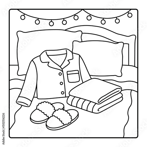 Cozy Bedroom Scene with Pajamas, Slippers, and Blankets - Line Art Illustration