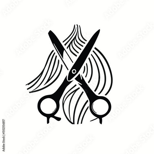 Crossed Scissors with Flowing Hair Strands, Symbolizing Hairdressing, Styling, and Salon Services, in a Minimalist Vector Illustration