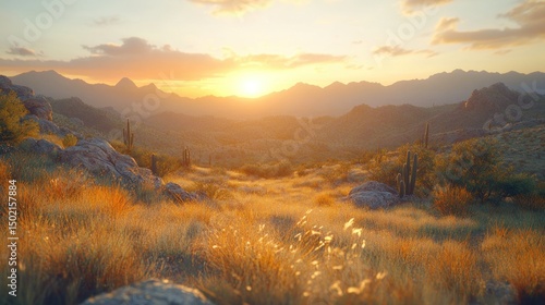 Golden desert sunset over mountains
