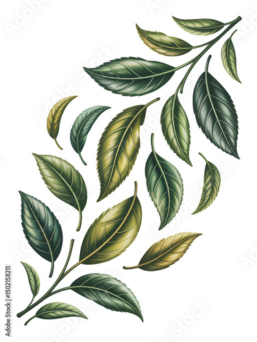 Green tea leaves blowing isolated on white background. Green organic leaf fresh PNG