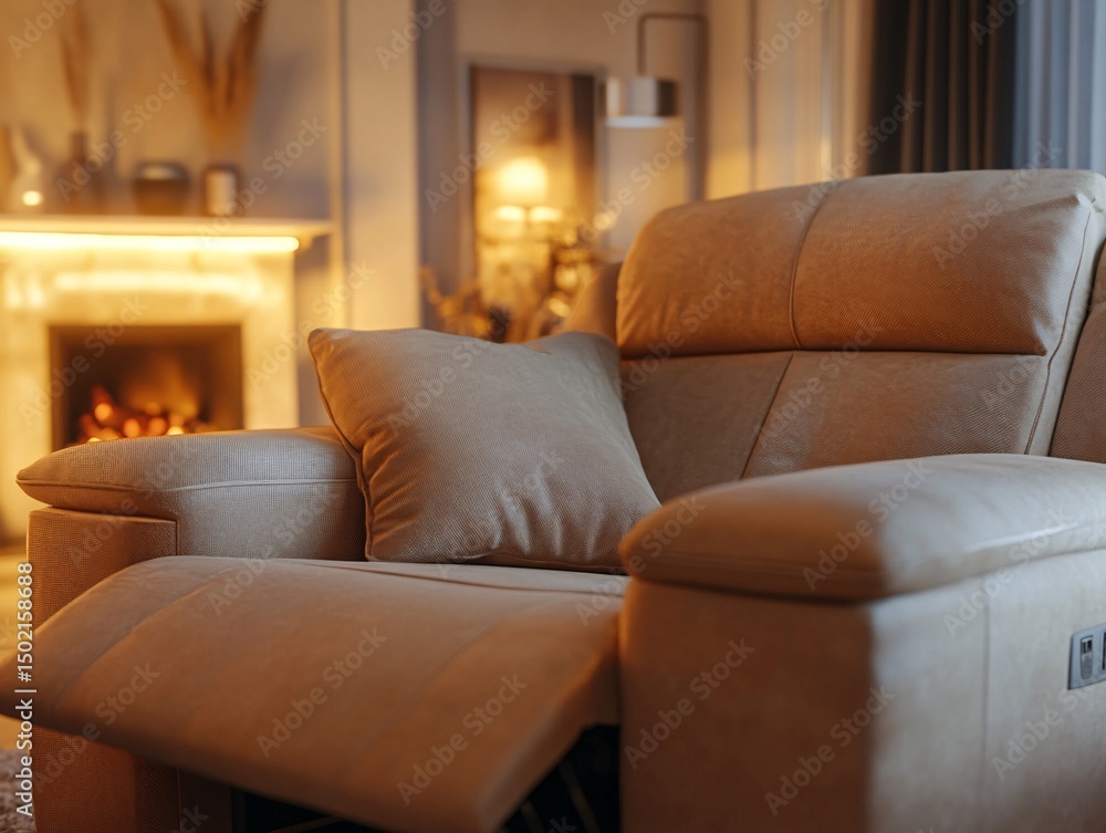 Fototapeta premium Luxurious reclining sofa with built-in footrest cozy living room interior design warm ambiance close-up view comfort concept