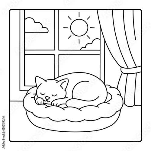 Sleeping Cat by the Window on a Sunny Day - Line Art Illustration