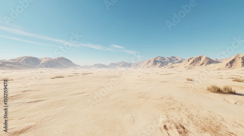 Expansive Desert Landscape with Distant Mountains under a Clear Skyline