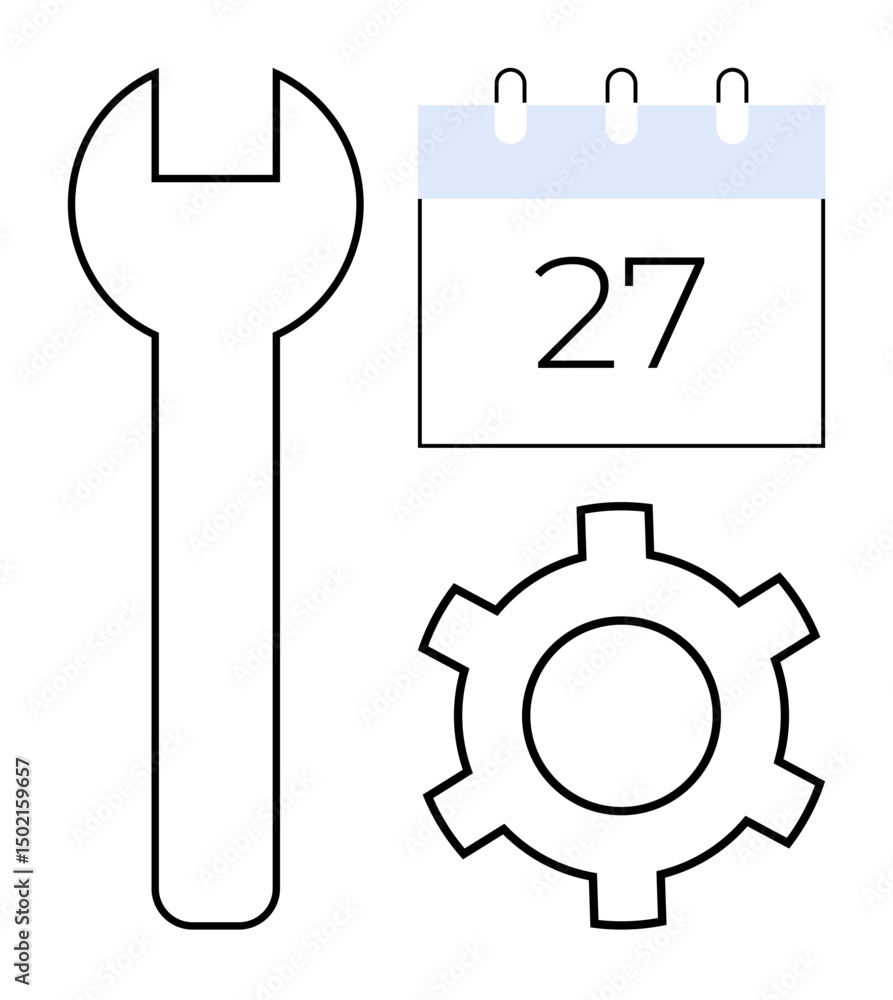 Wrench, gear, and calendar representing tools, system configuration, and task scheduling. Ideal for maintenance, planning, workflow, management productivity optimization and a simple landing page Wrench, gear, and calendar representing tools, system configuration, and task scheduling. Ideal for maintenance, planning, workflow, management productivity optimization and a simple landing page