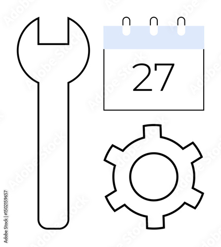 Wrench, gear, and calendar representing tools, system configuration, and task scheduling. Ideal for maintenance, planning, workflow, management productivity optimization and a simple landing page