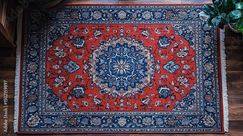 Red Oriental Rug with Wooden Floor.