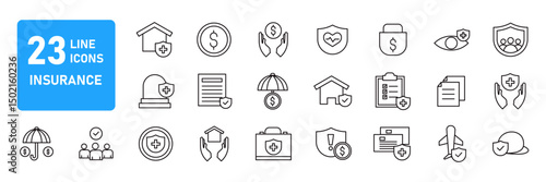 A collection of Insurance icons in line style. Insurance and assurance icons for web and mobile app. Protection of health, life, property, car, home, travel insurance icons and more isolated on white