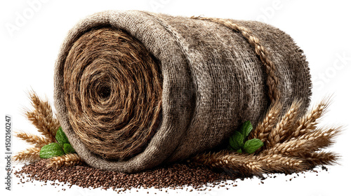 A Wheat and Rolled Material: A rolled material, with grains and a touch of green, inviting viewers to appreciate textures and colors of nature's bounty. 