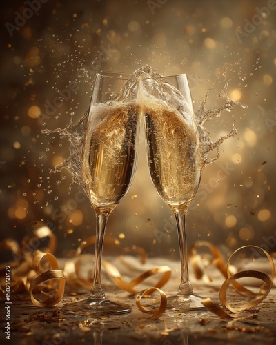 Golden Celebration: Clinking Champagne Flutes with Bubbles in Candlelit Ambiance (4K Ultra-Detailed Still Life)