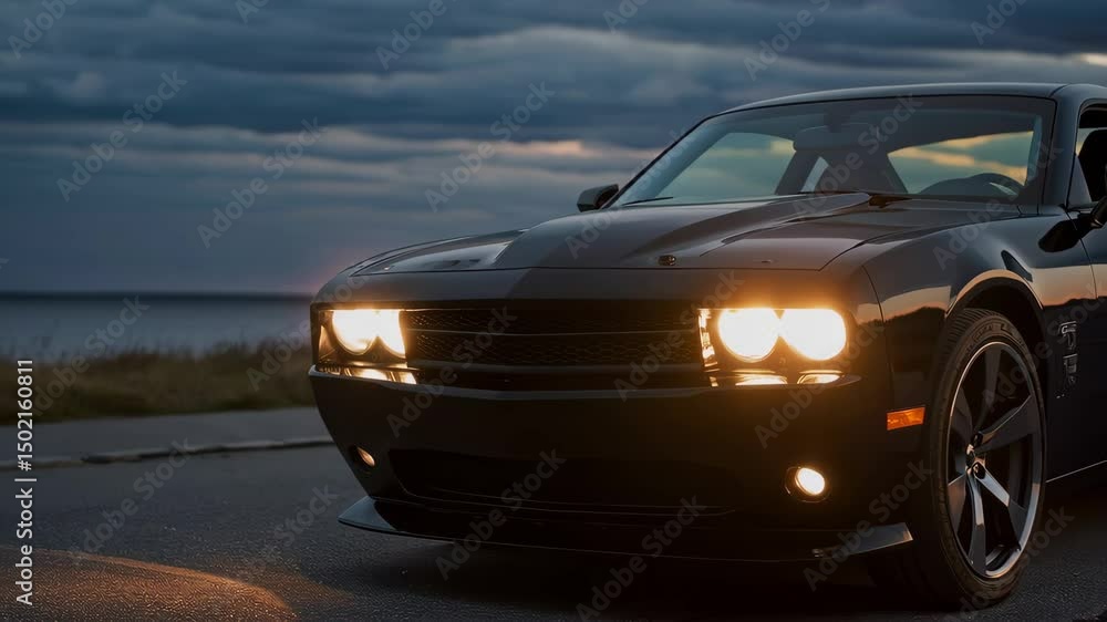 Sleek muscle car driving along coastal road at sunset emphasizing style and speed Sleek muscle car driving along coastal road at sunset emphasizing style and speed