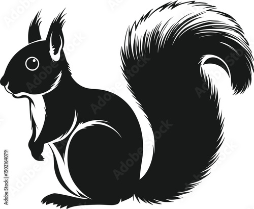 Silhouette illustration of a squirrel displaying a fluffy tail and attentive posture in black and white