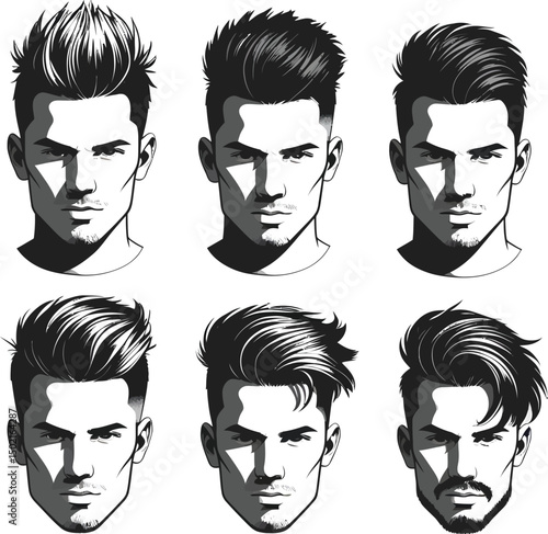 Stylish men's hairstyles collection in monochrome vector illustrations for fashion and grooming designs