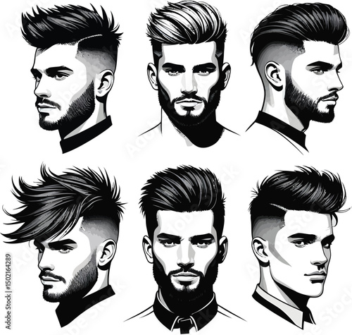 Stylish male hairstyles and facial hair illustrations in black and white with modern pompadour looks