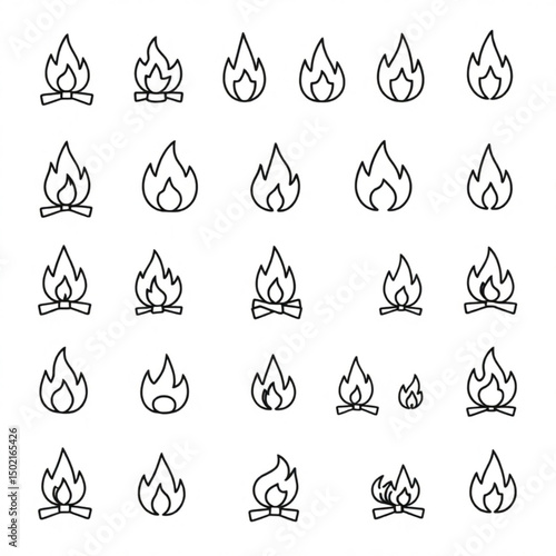 Collection of twenty four simple line art bonfire icons in various shapes and styles on a white background created with generated ai