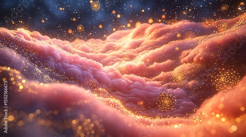 A Futuristic Installation Made of Pink Smoke Frozen In Time Surrounded By Golden Fractals and Blooming Digital Particles an Alien Museum Floor