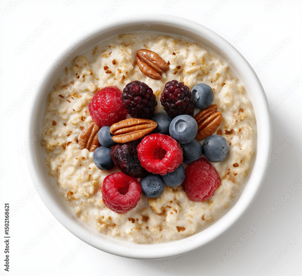 Bowl of oatmeal with fresh berries and pecans isolated on white background, a healthy and delicious breakfast Bowl of oatmeal with fresh berries and pecans isolated on white background, a healthy and delicious breakfast