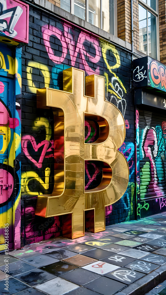 Obraz premium Graffiti art background highlights large golden Bitcoin symbol in urban alley during daylight